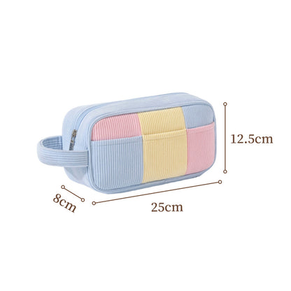 Color Block Corduroy Makeup Bag – Large Capacity Cosmetic Storage Pouch with Handle