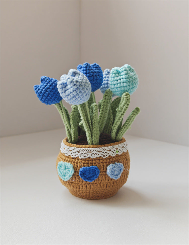 Handmade Knitted Tulip Pot – Crochet Yarn Flower Desk Decor Gift