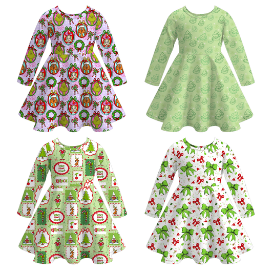 2025 Christmas Cartoon Grinch Print Soft Twirl Dress For Girls
