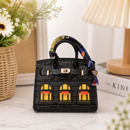 Mini House Bag Charm with Scarf – Faux Leather Coin Purse & Earbud Pouch