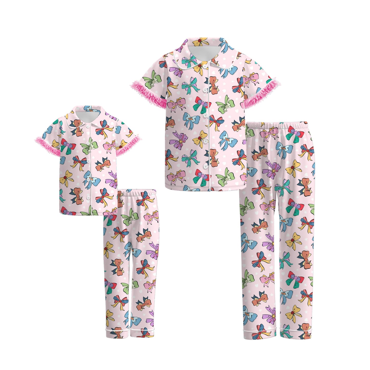 Mommy And Me Fall Colorful Bow Cozy Fur Pajamas Set