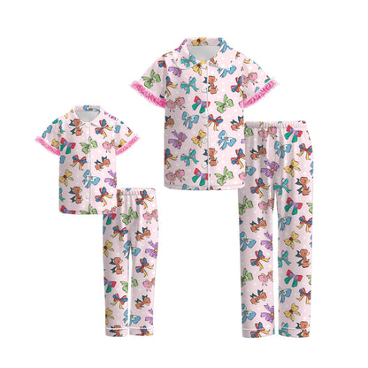 Mommy And Me Fall Colorful Bow Cozy Fur Pajamas Set
