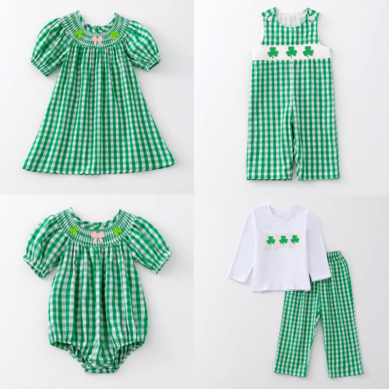 St.Patrick's Day Green Plaid Clover Smock Embroidery Collection