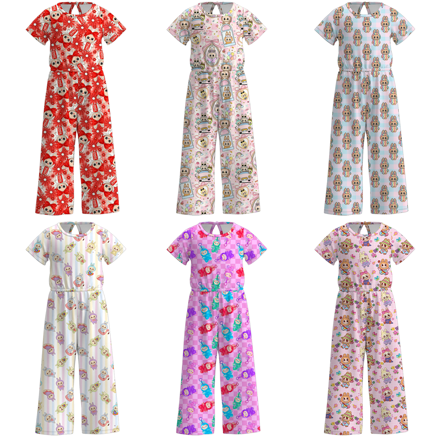 Girls Spring Summer LABUBU Print Short Sleeves Jumpsuit