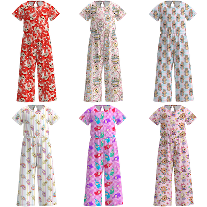 Girls Spring Summer LABUBU Print Short Sleeves Jumpsuit