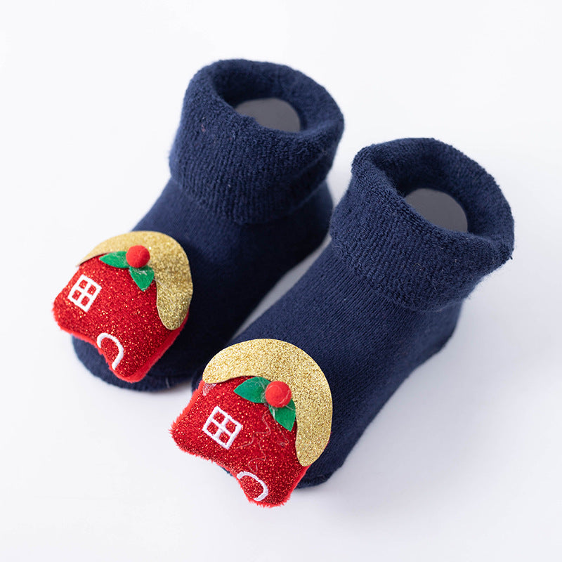 Newborn Baby Christmas Socks Red Combed Cotton Thick Fleece-Lined Non-Slip Floor Socks Winter