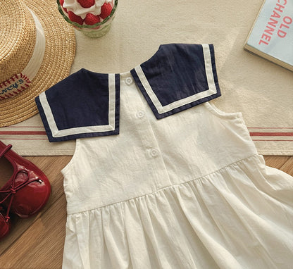 Girls Sailboat Embroidered Smocked Cotton Sleeveless Dress with Peter Pan Collar
