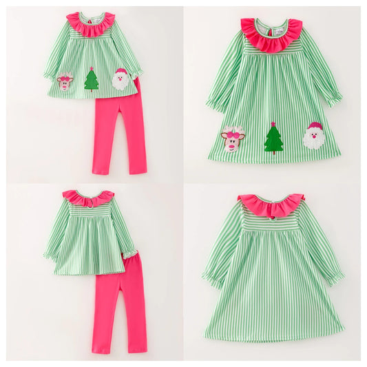 Girls Reindeer Christmas Tree Santa Embroidery Green Stripes Dress & Pant Set