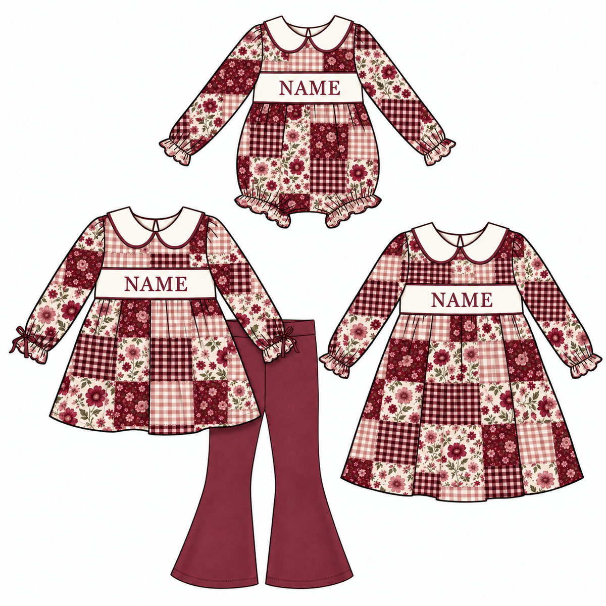Personalized Girls Fall Winter Smocked Outfits – Custom Name Embroidery Floral Patchwork Dress, Bell Bottom Pants Set & Baby Romper