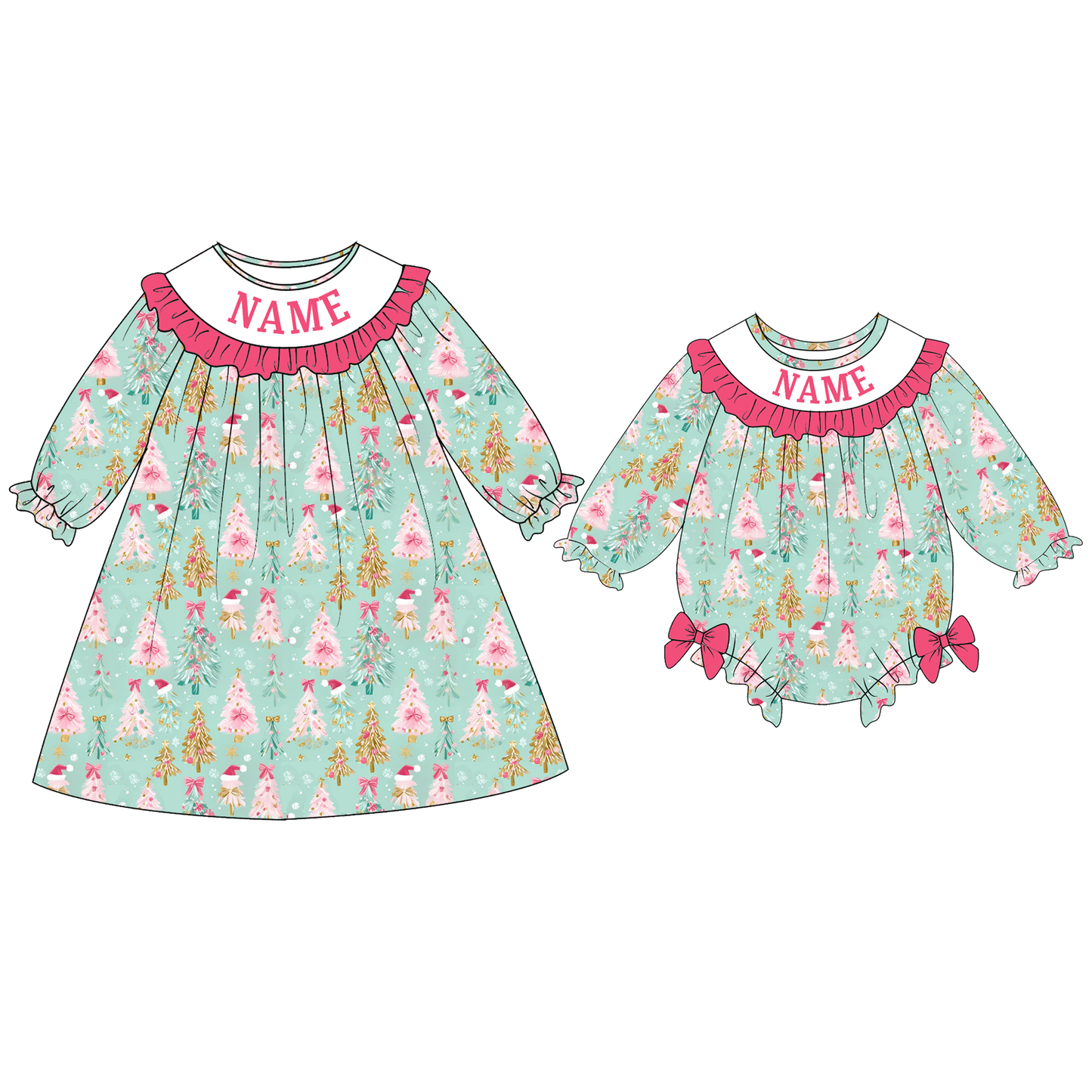 Baby Girls Christmas Custom Name Tree Embroidery Smock Outfits