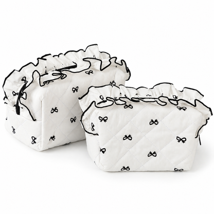Diamond Quilted Ruffle Floral, Bow Print Makeup Cosmetic Bag – Toiletry & Travel Pouch
