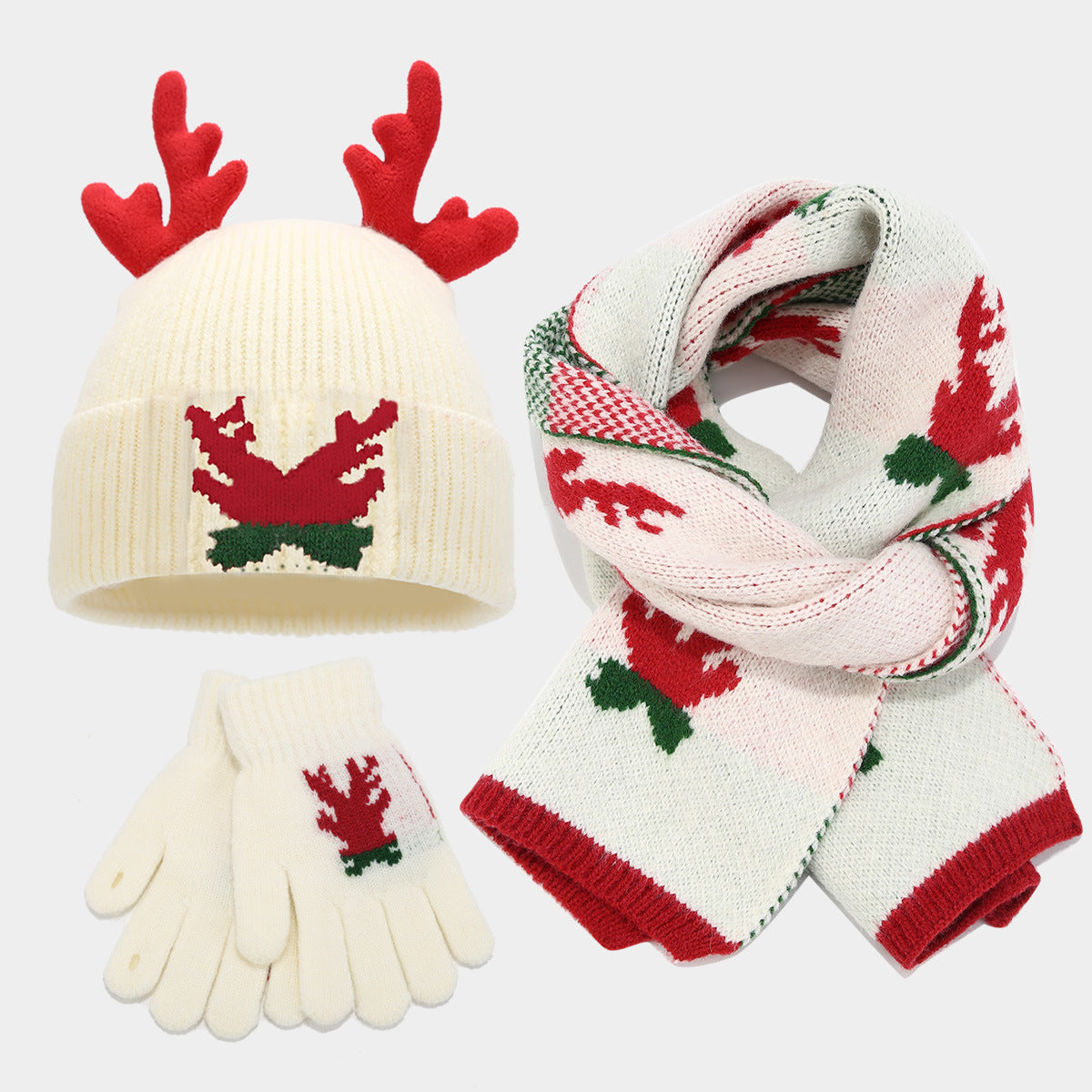 Christmas Reindeer Hat, Scarf & Gloves 3-Piece Set for Adults & Kids – Matching Family Knit Winter Accessories