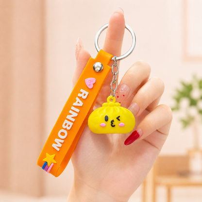 Cute Kawaii Dumpling Silicone Keychain with Rainbow Wrist Strap