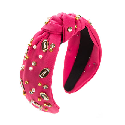 American Football Top Knot Headband with Pearls & Rhinestones – Wide Hair Accessory, Game Day Gift for Fans