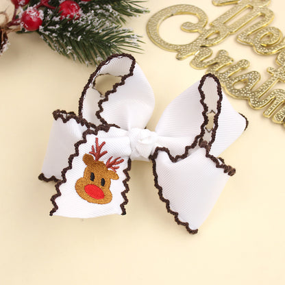 Girls Christmas Embroidered Hair Bow Clips with Scalloped Edges – Festive Grosgrain Ribbon Bows, Pack of 10