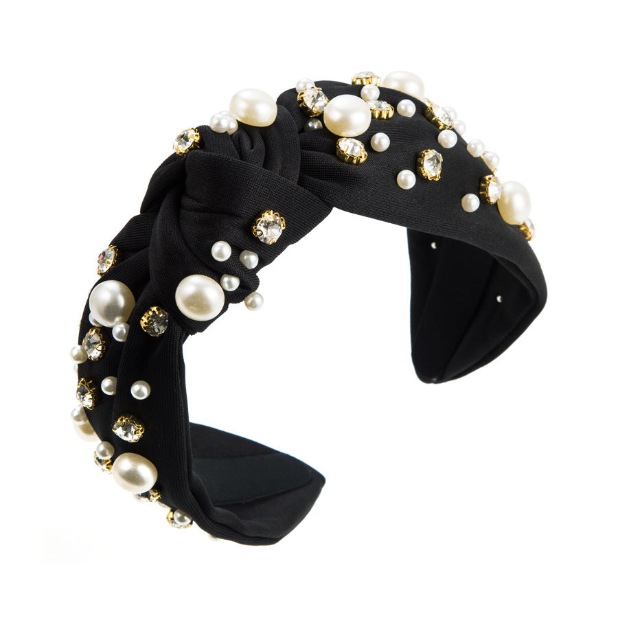 Wide Knotted Headband with Pearls & Rhinestones Padded Fashion Hair Band for Women & Girls