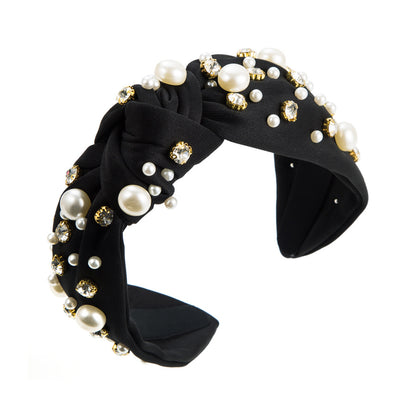 Wide Knotted Headband with Pearls & Rhinestones Padded Fashion Hair Band for Women & Girls