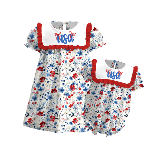 Girls July 4th Red Blue USA Floral Embroidered Dress Romper