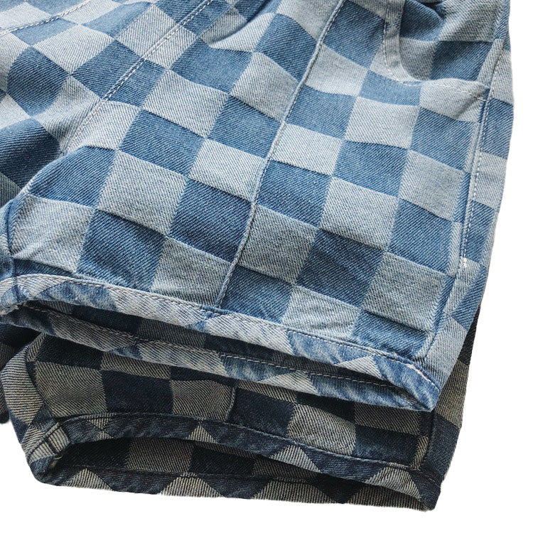 Summer Boys' Checkered Elastic Waist Pocket Denim Shorts
