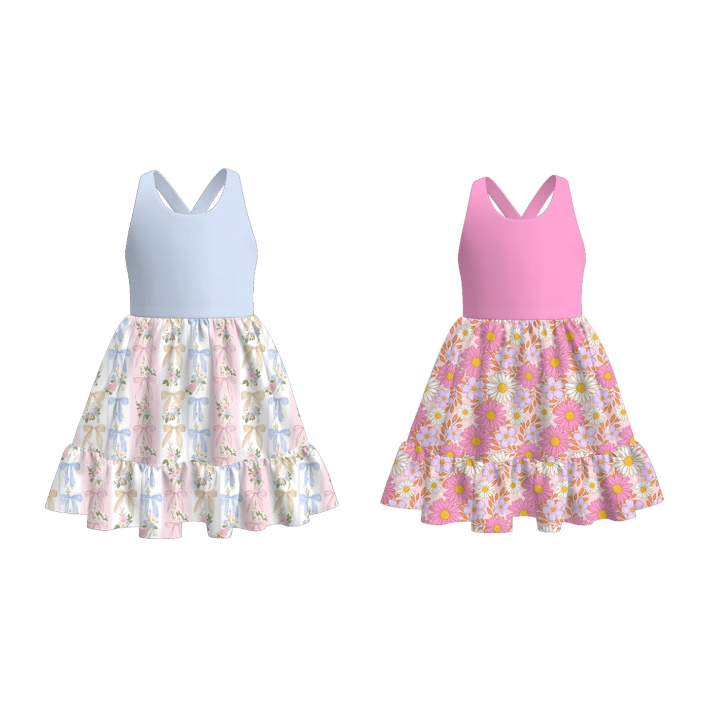Kids Summer Pink Blue Floral Fashion Print Twirl Dress