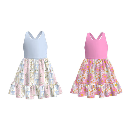 Kids Summer Pink Blue Floral Fashion Print Twirl Dress