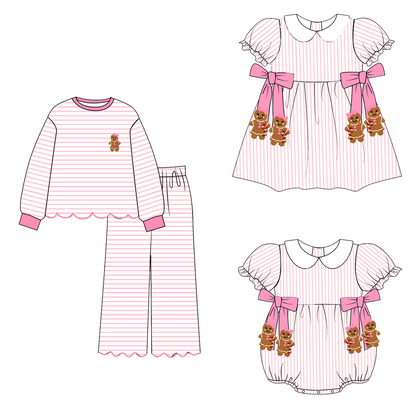 Pink Gingerbread Christmas Girls Matching Dress, Romper & Ruffle Pant Set