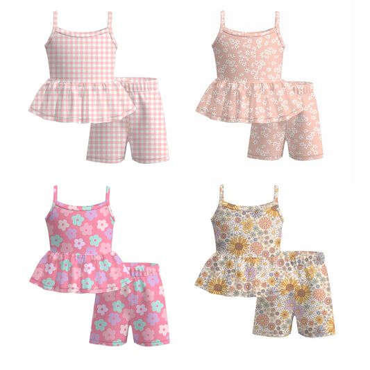 Girls Summer Plaid Floral Slip Short Set