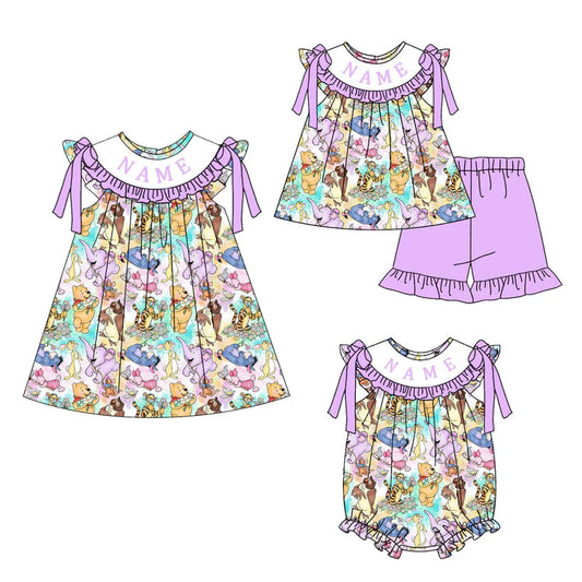 Summer Girls Purple Character Custom Name Smocked Embroidery Set Collection