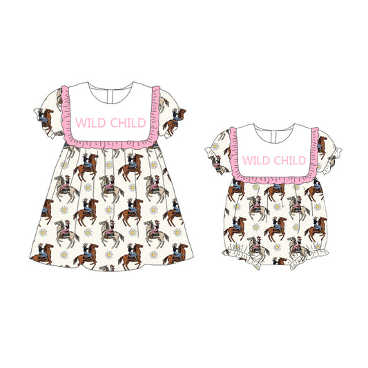 Sister Girls Summer "WILD CHILD" Embroidered Horse Dress Romper