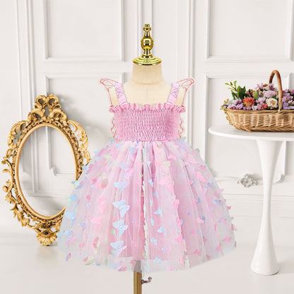 Girls Butterfly Wing Tulle Dress Smocked Spaghetti Strap Party Dress