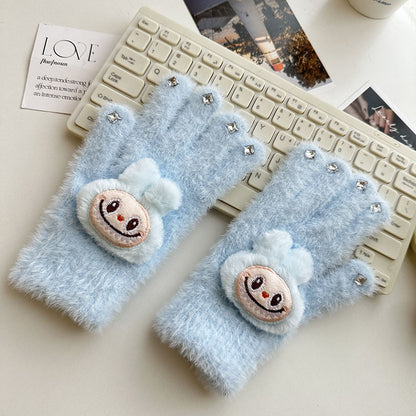 Winter Knit Gloves with Plush Doll Decoration Warm Fuzzy Rhinestone Finger Gloves for Parent Child Matching