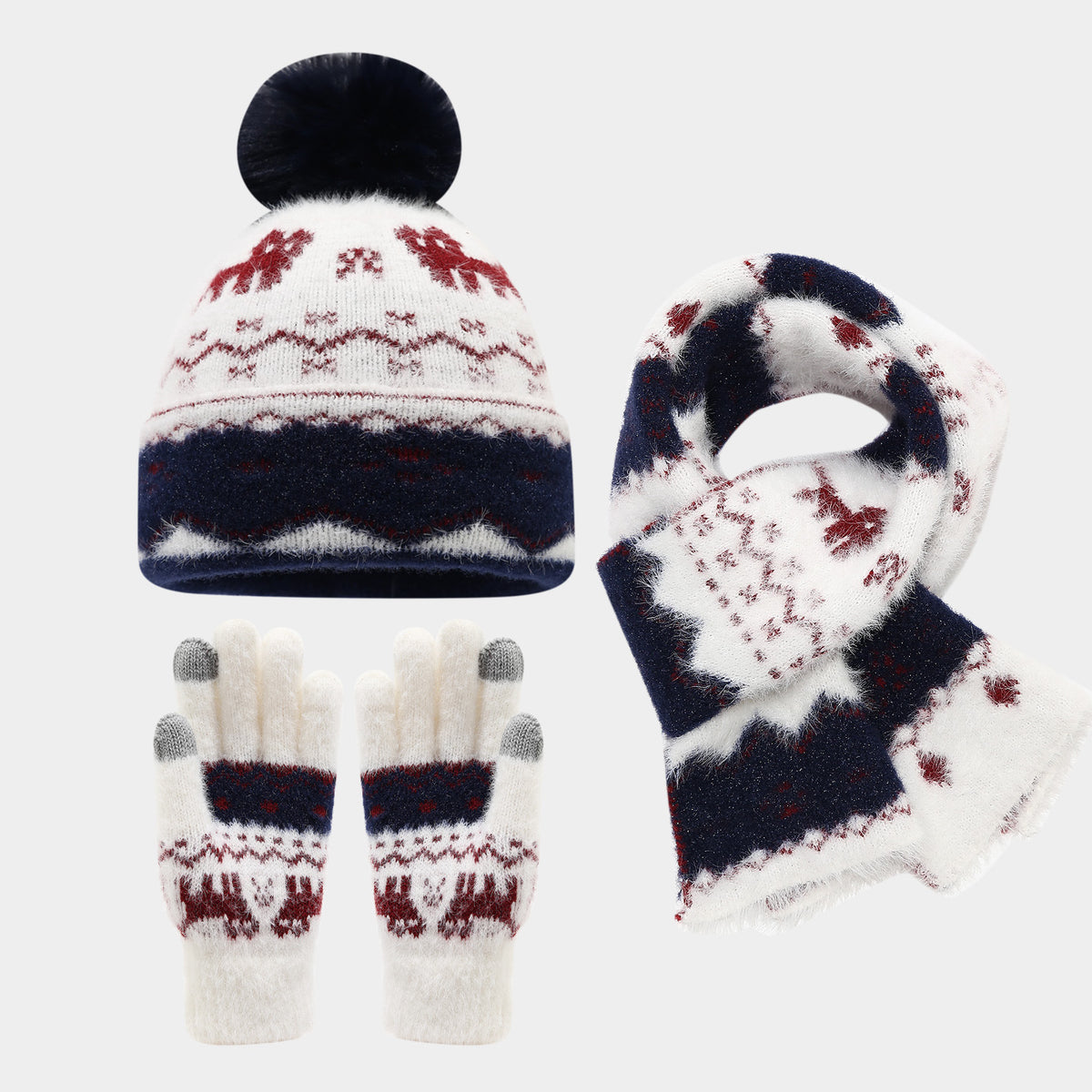 Kids’ Winter Hat, Scarf & Gloves 3-Piece Set – Pom-Pom Knit Beanie with Reindeer & Snowflake Patterns for Boys & Girls