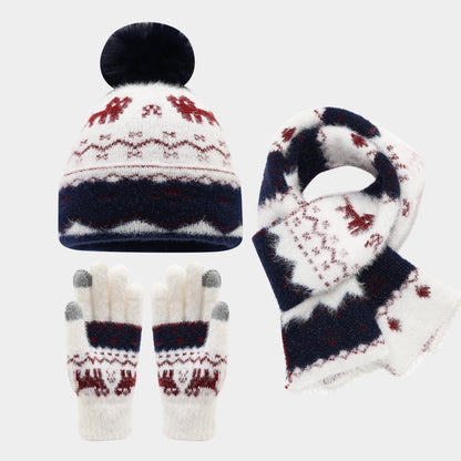 Kids’ Winter Hat, Scarf & Gloves 3-Piece Set – Pom-Pom Knit Beanie with Reindeer & Snowflake Patterns for Boys & Girls