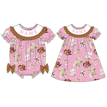 Girls Custom Name Embroidery Smock Western Dress & Bubble