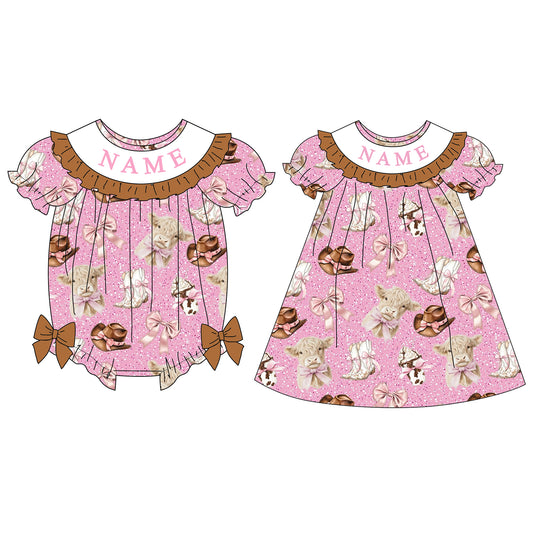 Girls Custom Name Embroidery Smock Western Dress & Bubble