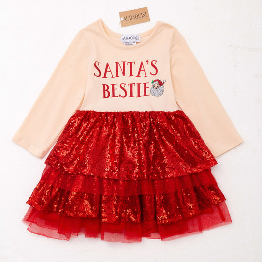 Girls Christmas SANTA'S BESTIE Red Sequins Tulle Ruffled Dress