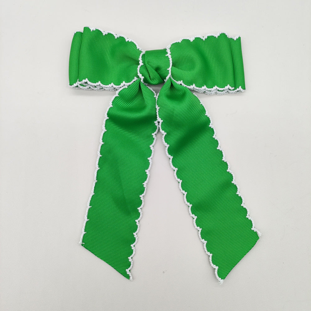Girls Grosgrain Ribbon Bow Hair Clip – Contrast Scalloped Stitching & Long Ribbon Tails