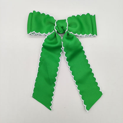Girls Grosgrain Ribbon Bow Hair Clip – Contrast Scalloped Stitching & Long Ribbon Tails