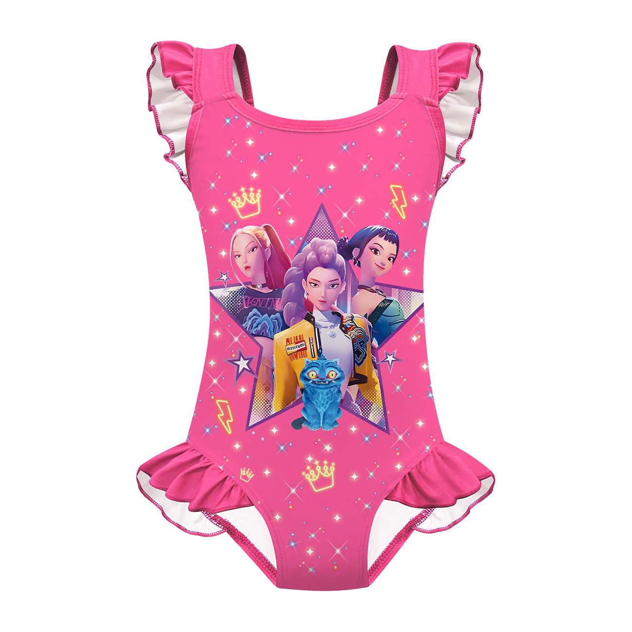 K-pop Demon Hunter Print Girls One-Piece Swimsuit Ruffles Swimwear