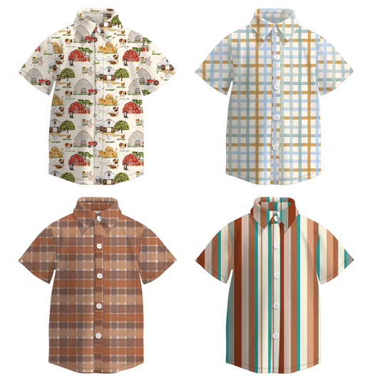 Boys Fall Autumn Farm Plaid Short Sleeves Shirt