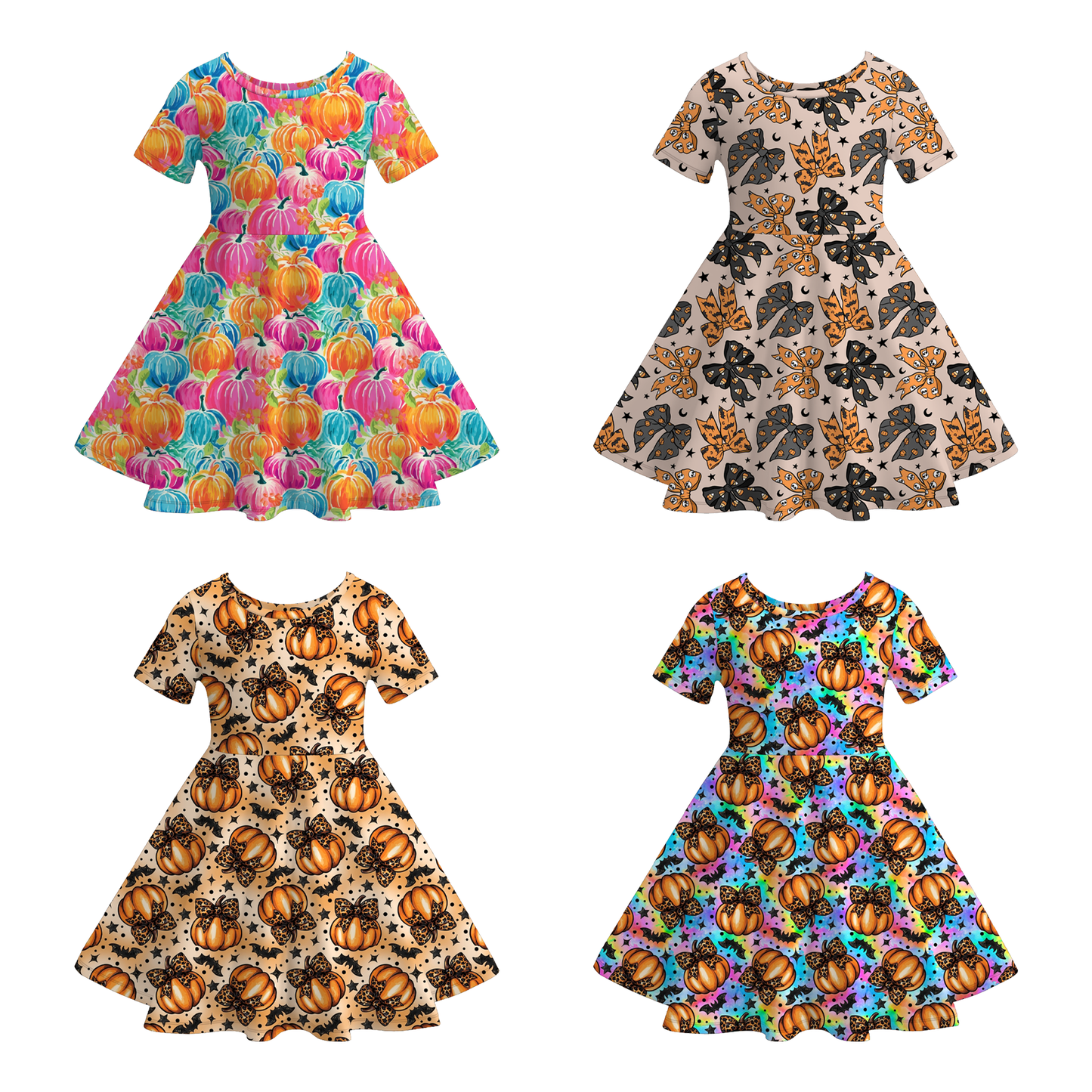 Girls Halloween Pumpkin Print Twirl Dress | Soft Short Sleeve A-Line Dress for Fall & Halloween