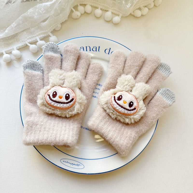 Winter Knit Gloves with Plush Doll Decoration Warm Fuzzy Finger Gloves for Parent Child Matching