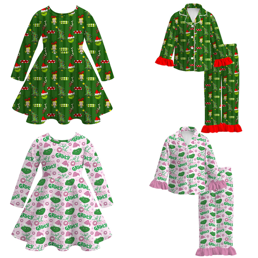 Girls Christmas Grinch Green Red Dress & Pajamas Set