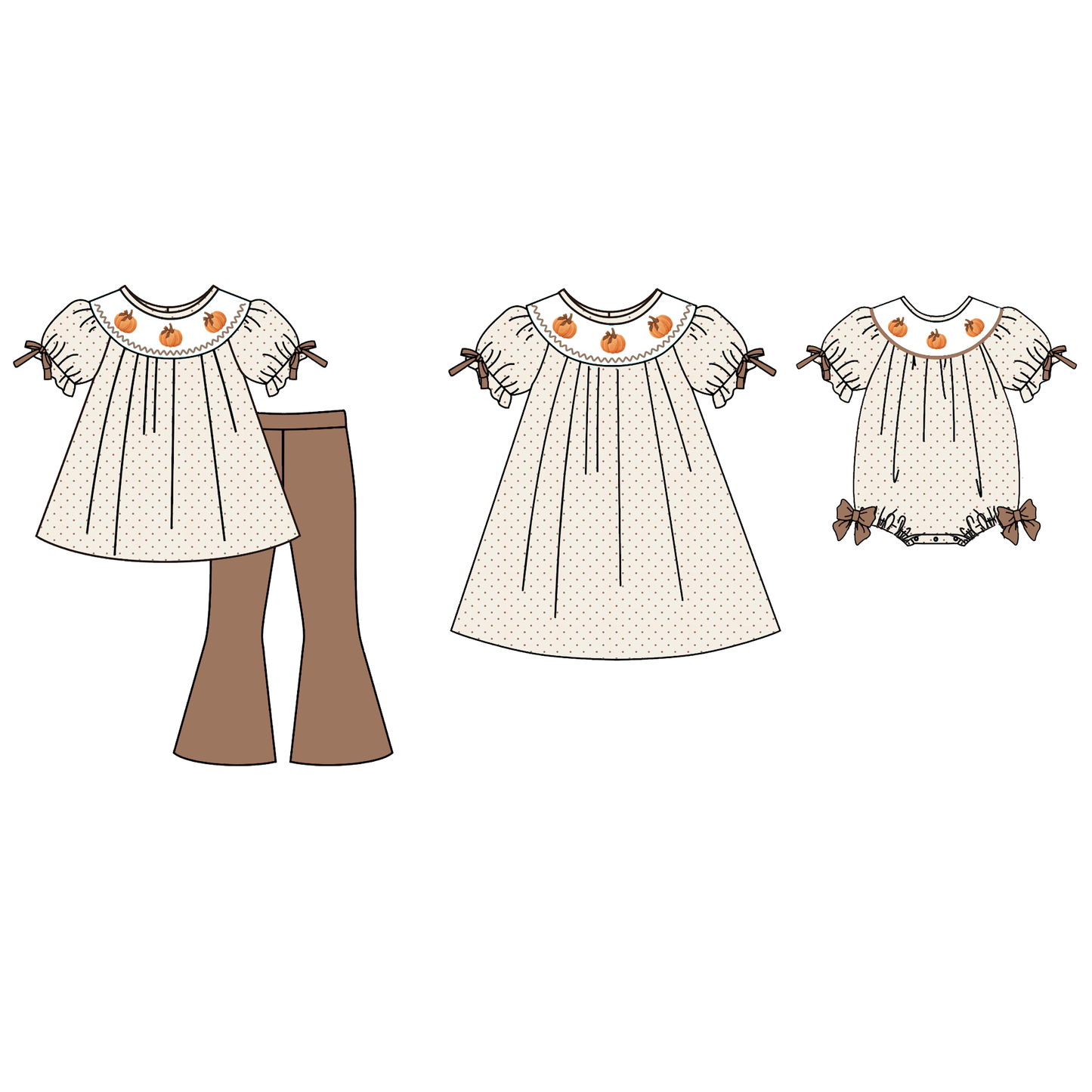 Girls Fall Pumpkin Smocked Embroidery Sibling Outfits – Thanksgiving Dress, Pants Set & Baby Romper