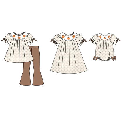 Girls Fall Pumpkin Smocked Embroidery Sibling Outfits – Thanksgiving Dress, Pants Set & Baby Romper