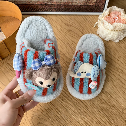 Kids Plush Slippers Winter Cartton Stuffed Doll Stripe Unisex Cozy Non-Slip  Slide Mule Slippers