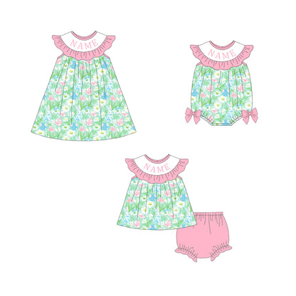 Sweet Blooms for Little Ones – Custom Name Smocked Green Pink Floral Set