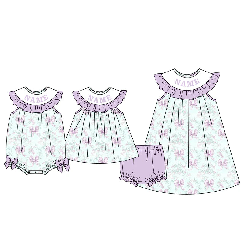 Sweet Blooms for Little Ones – Custom Name Smocked Lavender Bow Floral Set