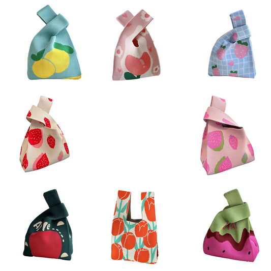 Ladies Girls Knit Bucket Bag Floral Apple Print Designs
