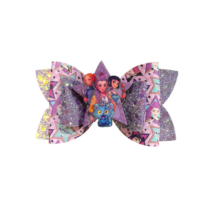 K-Pop Demon Hunters Glitter Bow Hair Clips, Cute Cartoon Character Barrettes for Girls